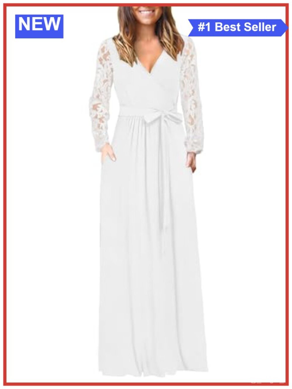 Lace Long Sleeve Maxi Dress V-Neck Wrap Waist with Pockets Formal Party